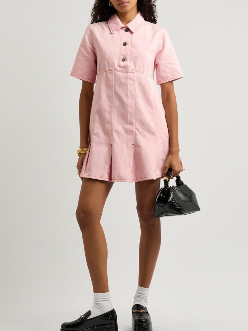 NWT Ganni 34 XS denim mini dress chalk pink pleated